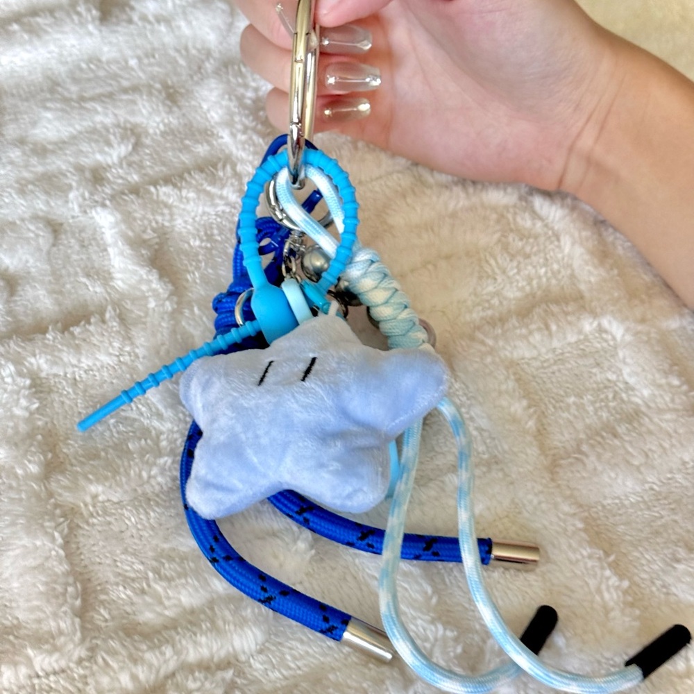 DIY Playful Keychain - blue star & silver ribbon